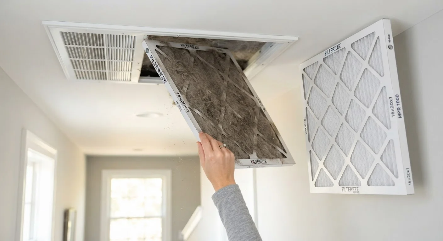 Dirty clogged HVAC air filter next to a clean replacement filter in a home setting