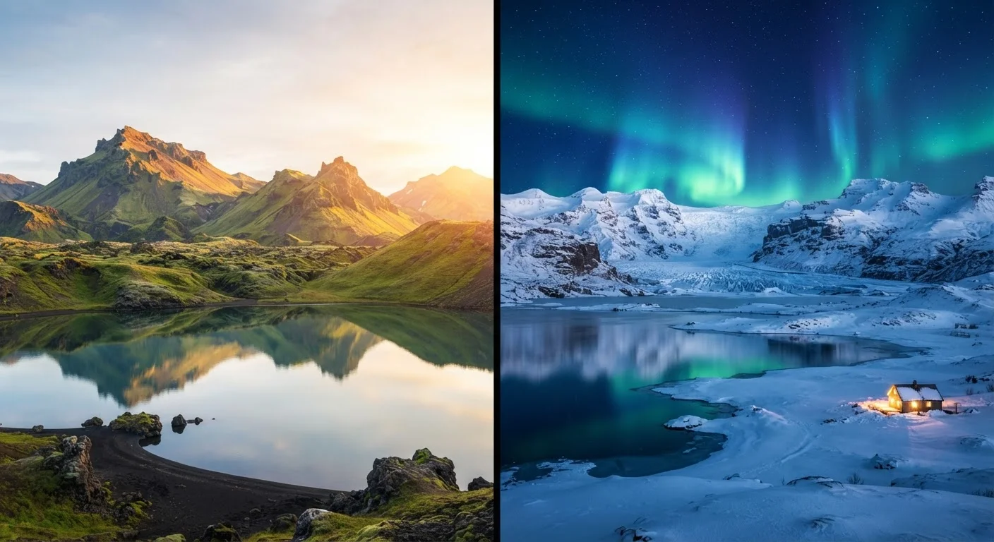 Iceland split scene showing midnight sun over summer landscape and northern lights over winter snow