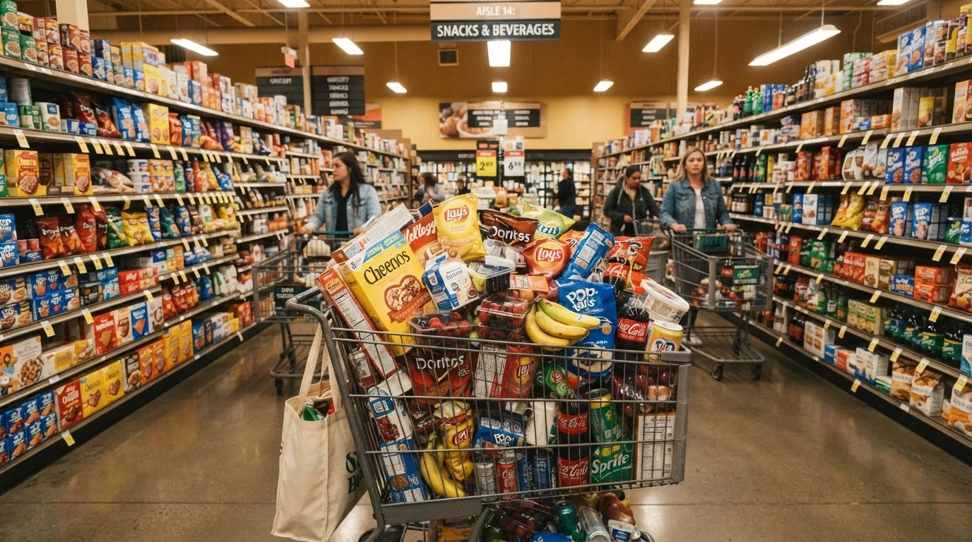 Shopping cart overflowing with unplanned purchases in a brightly lit retail store aisle