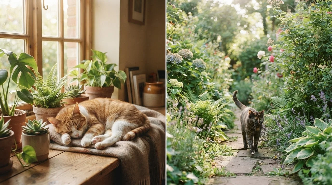 One cat sitting on an indoor windowsill while another cat explores a garden outdoors