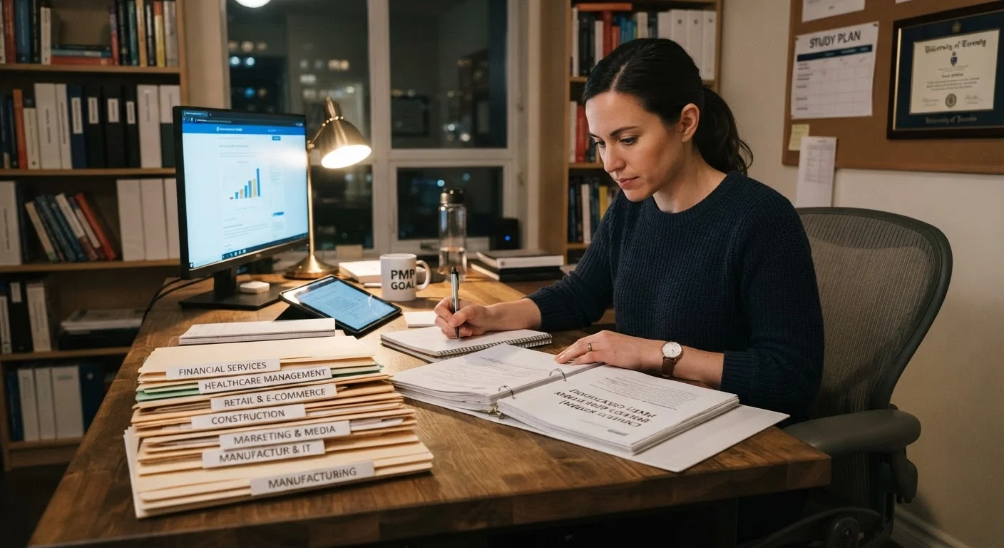 Working adult reviewing professional certification materials across multiple industry folders at a desk.
