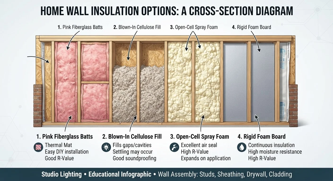 Four insulation types shown side by side in a home wall cavity cross-section illustration