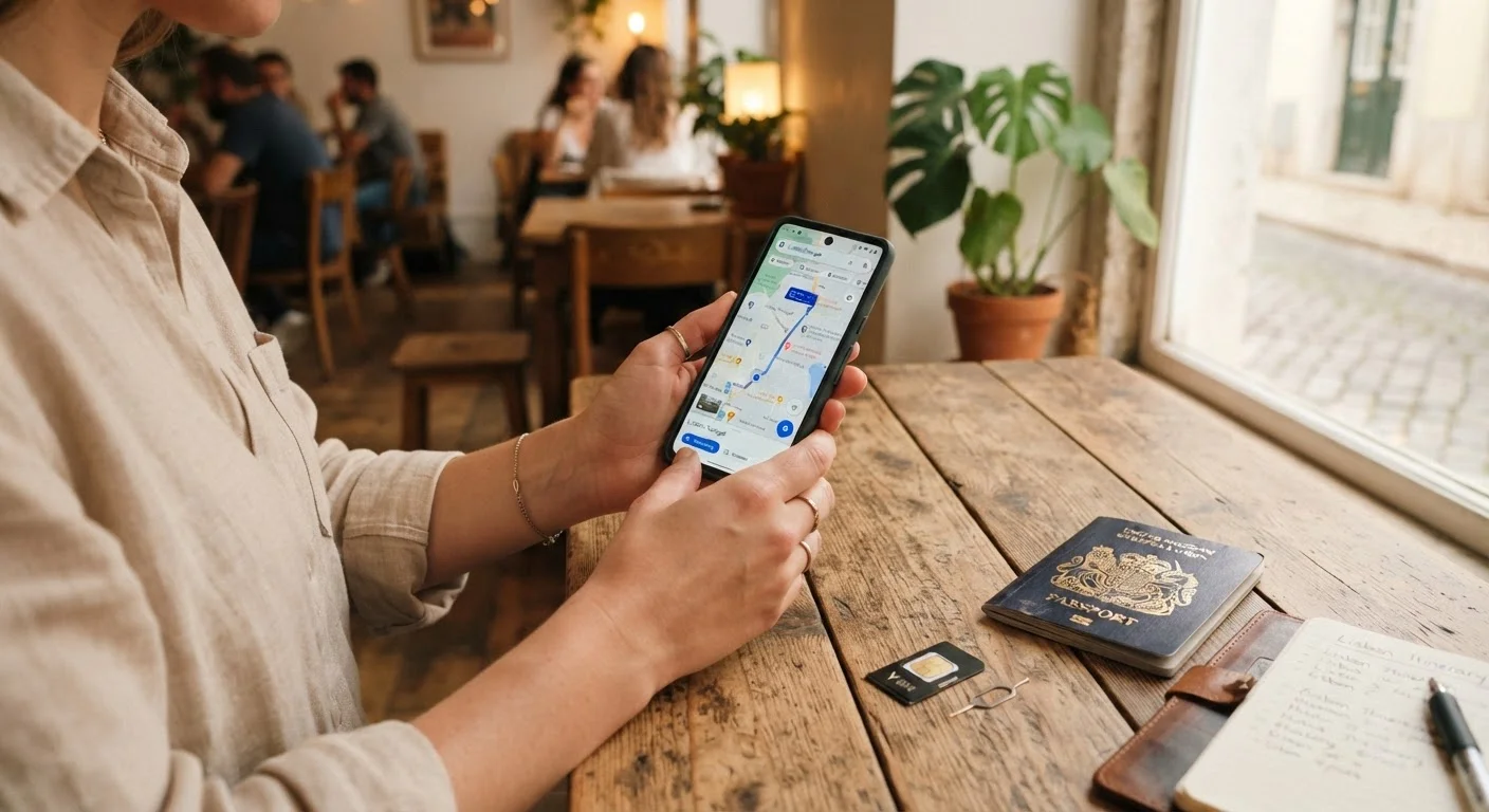 Traveler's hand holding a smartphone beside a passport and SIM card on a table