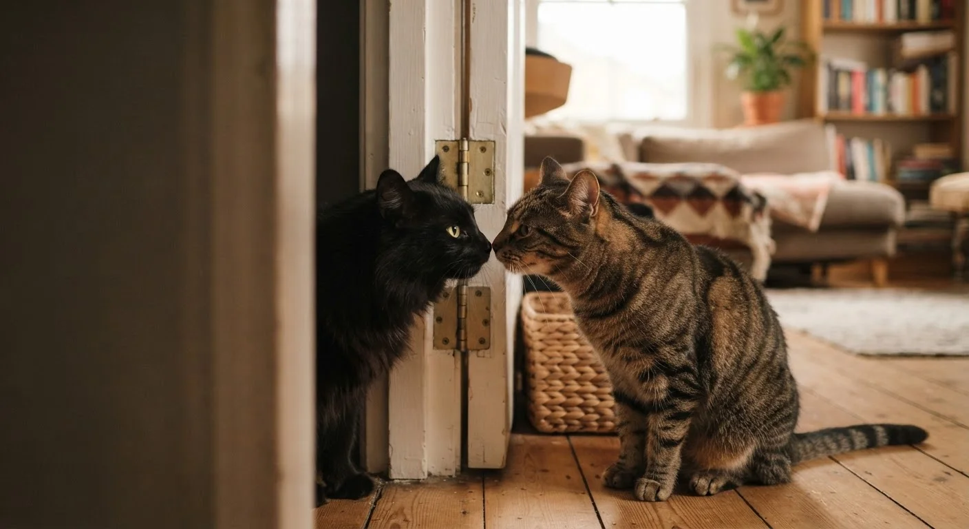 Two cats meeting for the first time through a partially open door in a home