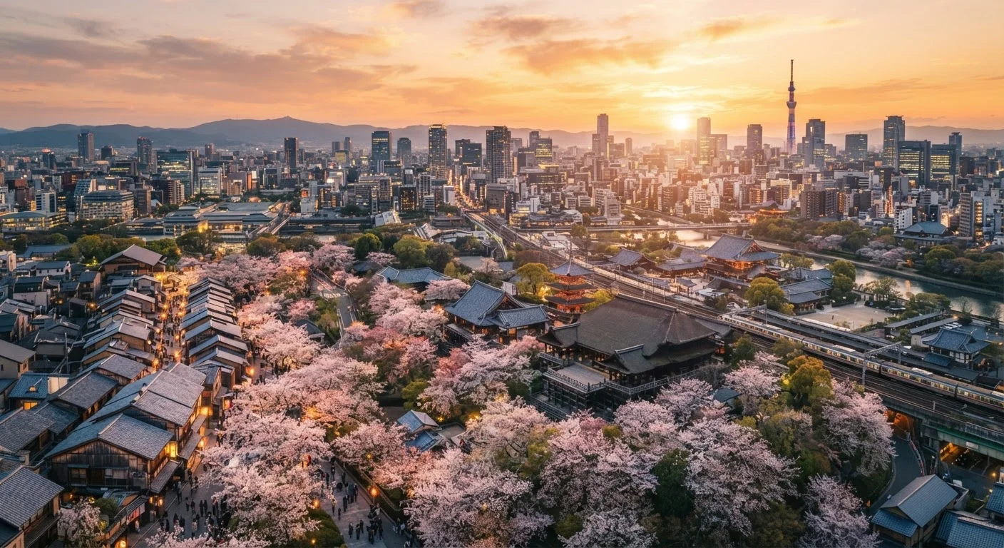 Aerial panoramic view of a Japanese city combining historic temples and modern towers at sunset