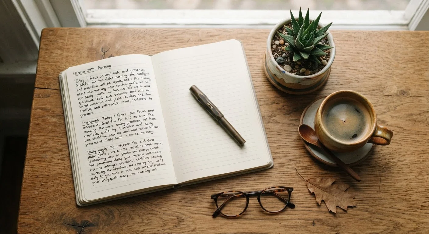 Open journal and pen on a wooden desk with a coffee cup and small plant in soft morning light