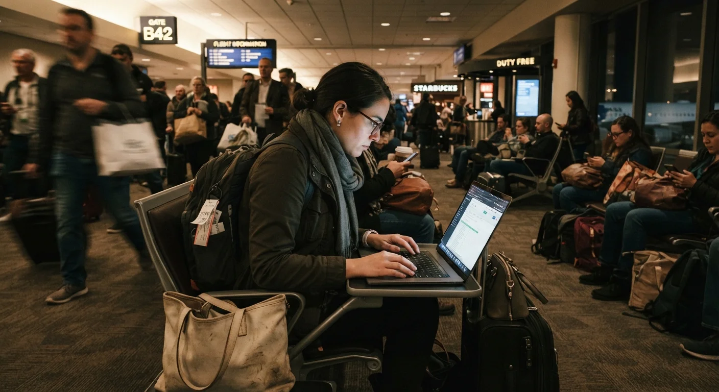 A traveler carefully using a laptop on a table inside a busy international airport terminal.