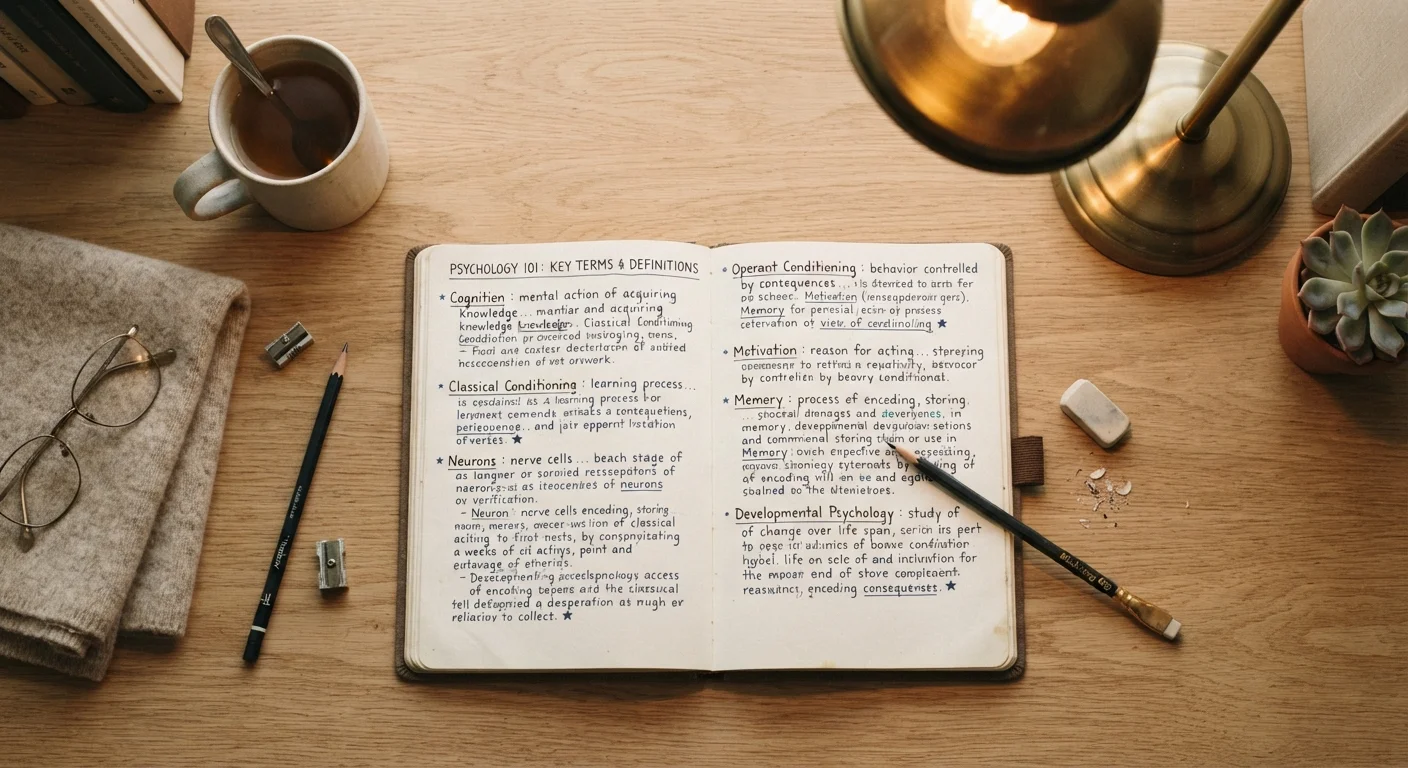 Open notebook with educational vocabulary terms written on pages beside pencils