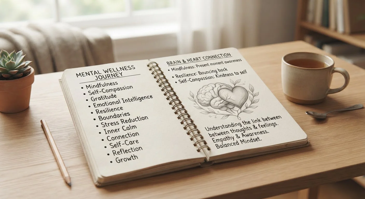 Open notebook with mental wellness terms written in clean handwriting on a calm desk
