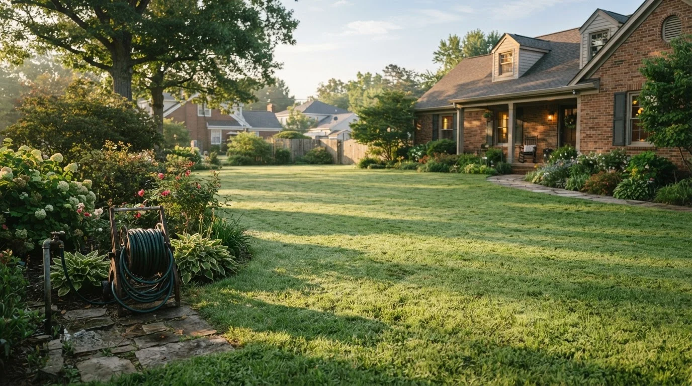 A well-maintained green lawn in morning sunlight with a garden hose coiled nearby