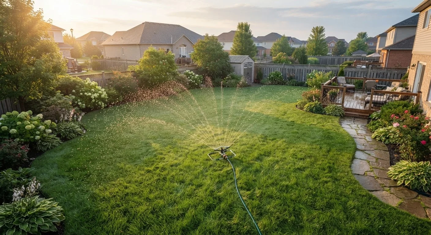 A residential lawn being watered by a sprinkler in early morning golden light