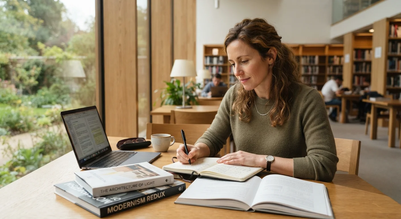 An adult learner studying at a library desk with books and a laptop open.