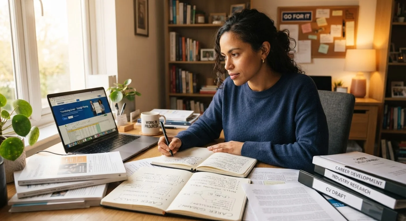 Adult professional planning a career change with notebooks and a laptop at a well-lit desk