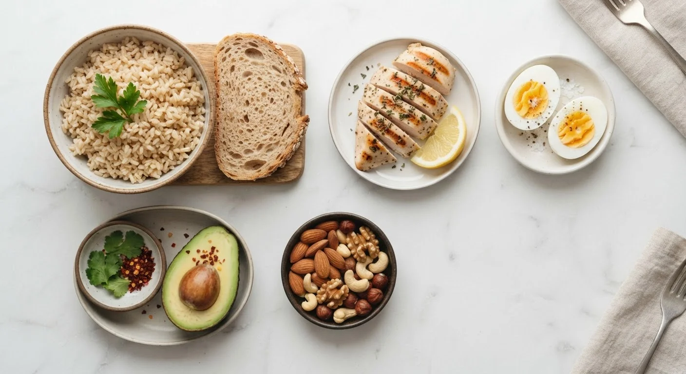 Flat-lay of whole foods representing carbohydrates, protein, and healthy fats on a white surface.