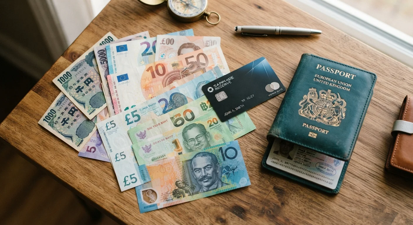 Assorted foreign currency banknotes, a credit card, and a passport arranged on a wooden table