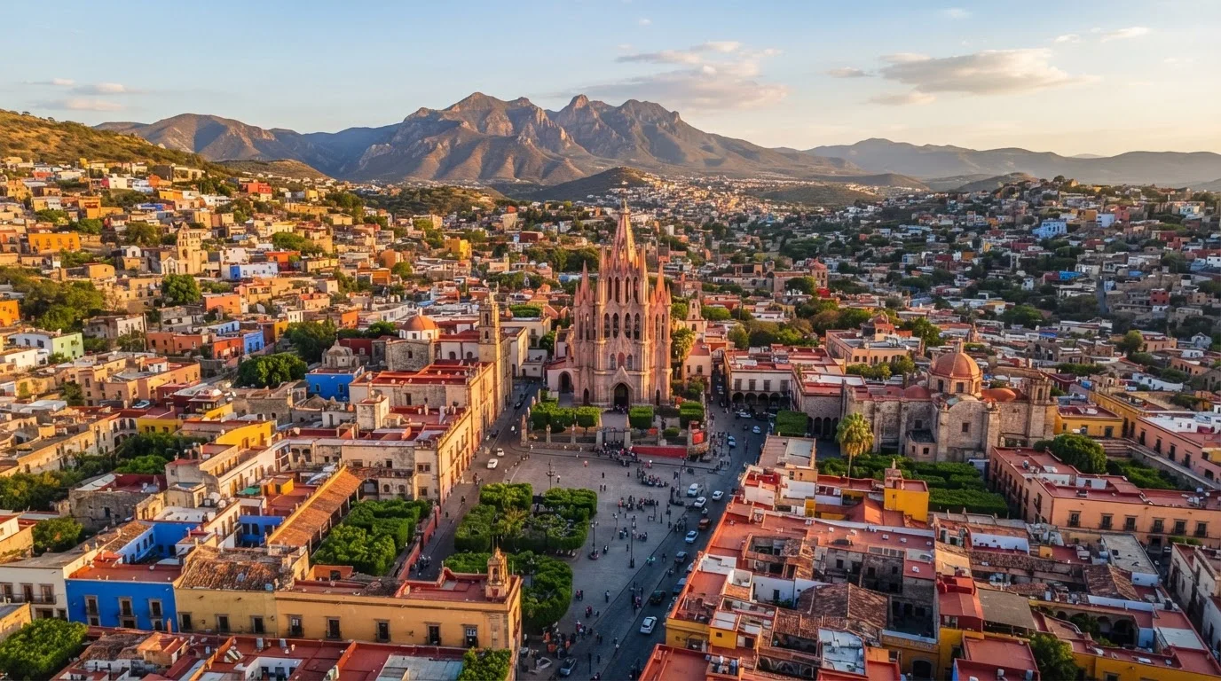 Aerial view of a colorful Mexican colonial city with terracotta rooftops and a baroque cathedral