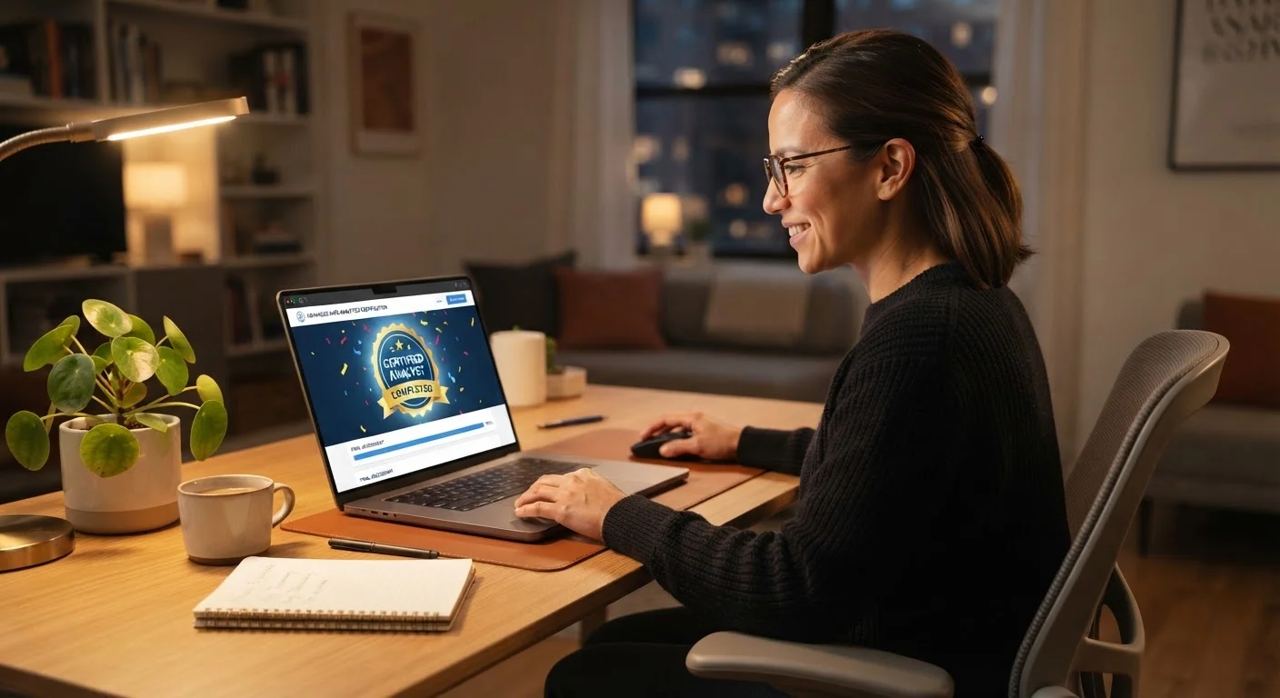 Working adult completing an online micro-credential course on a laptop at a modern desk