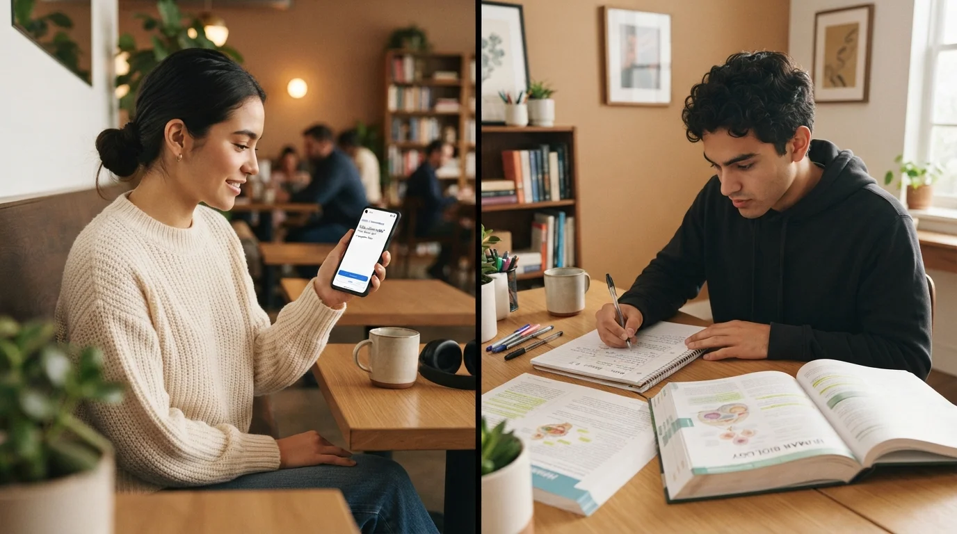 Side-by-side depiction of micro-learning on a phone versus deep focused study at a desk