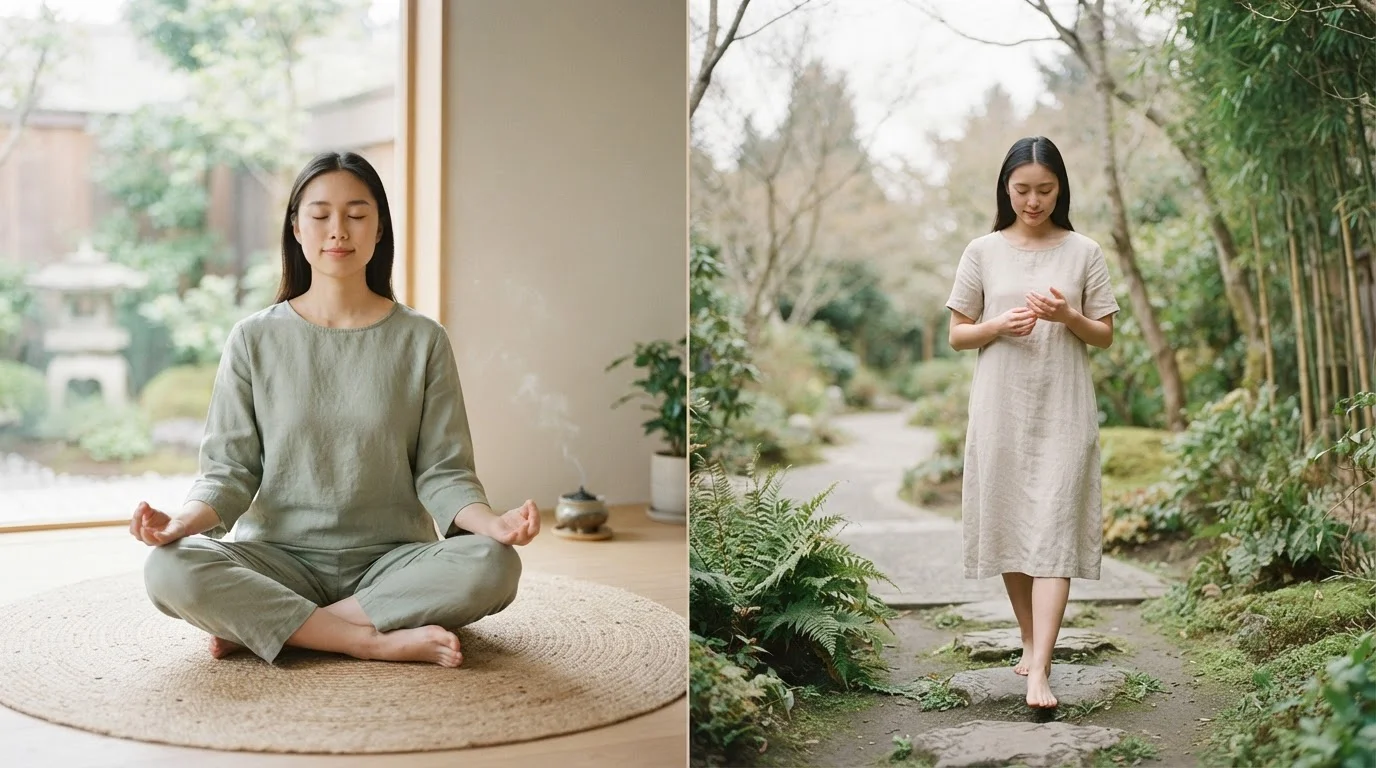 Split image contrasting formal seated meditation with everyday mindful awareness in daily life.