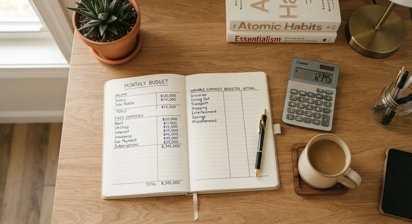 Notebook with handwritten budget categories, calculator, and coffee cup on a clean desk.