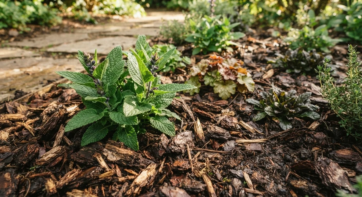 A neatly mulched garden bed with wood chips surrounding healthy green plants
