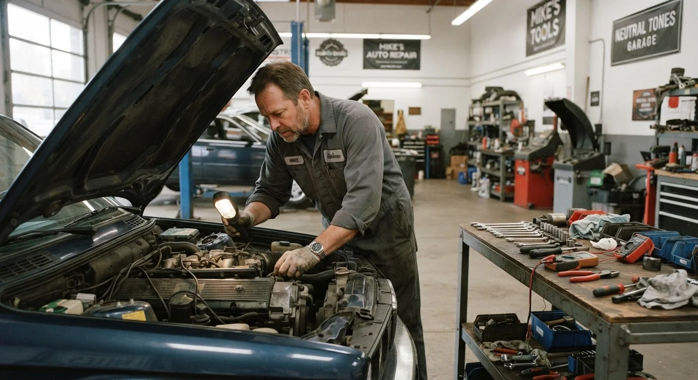 A mechanic carefully inspecting a car engine in a clean, well-lit garage