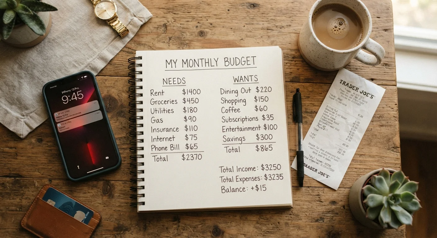 Open budget notebook with needs and wants columns beside everyday household items and receipts