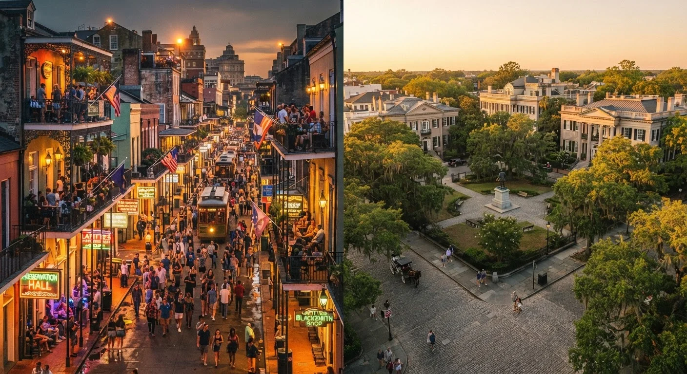 Split view of a vibrant New Orleans street and a tranquil Savannah moss-draped square at golden hour.