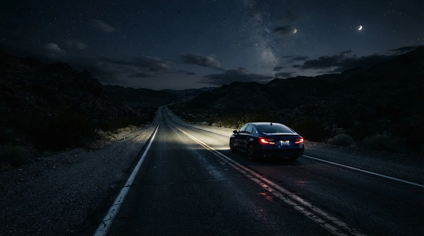 A car's headlights cutting through darkness on a deserted nighttime highway