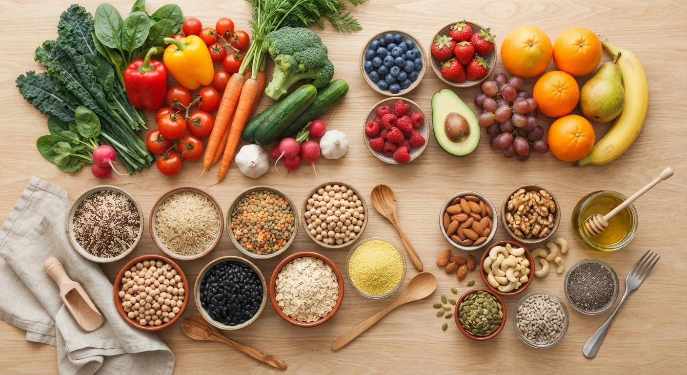 Colorful assortment of whole foods including vegetables, fruits, grains, and nuts arranged on a wooden surface