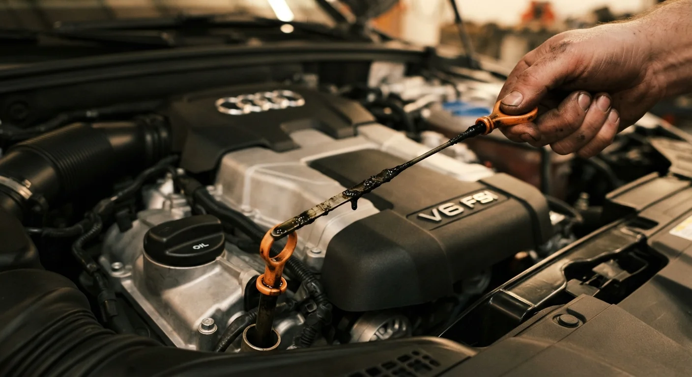 A mechanic pulling out an engine oil dipstick showing dark, degraded motor oil