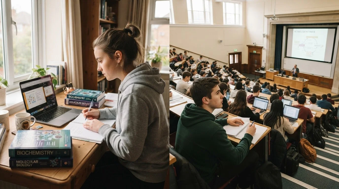 Split view of a student studying online at home and students attending an on-campus lecture hall