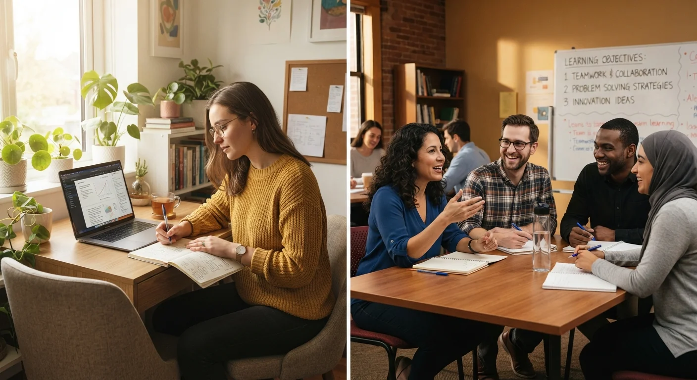 Split image of a person studying online at home and adults learning together in a classroom setting.