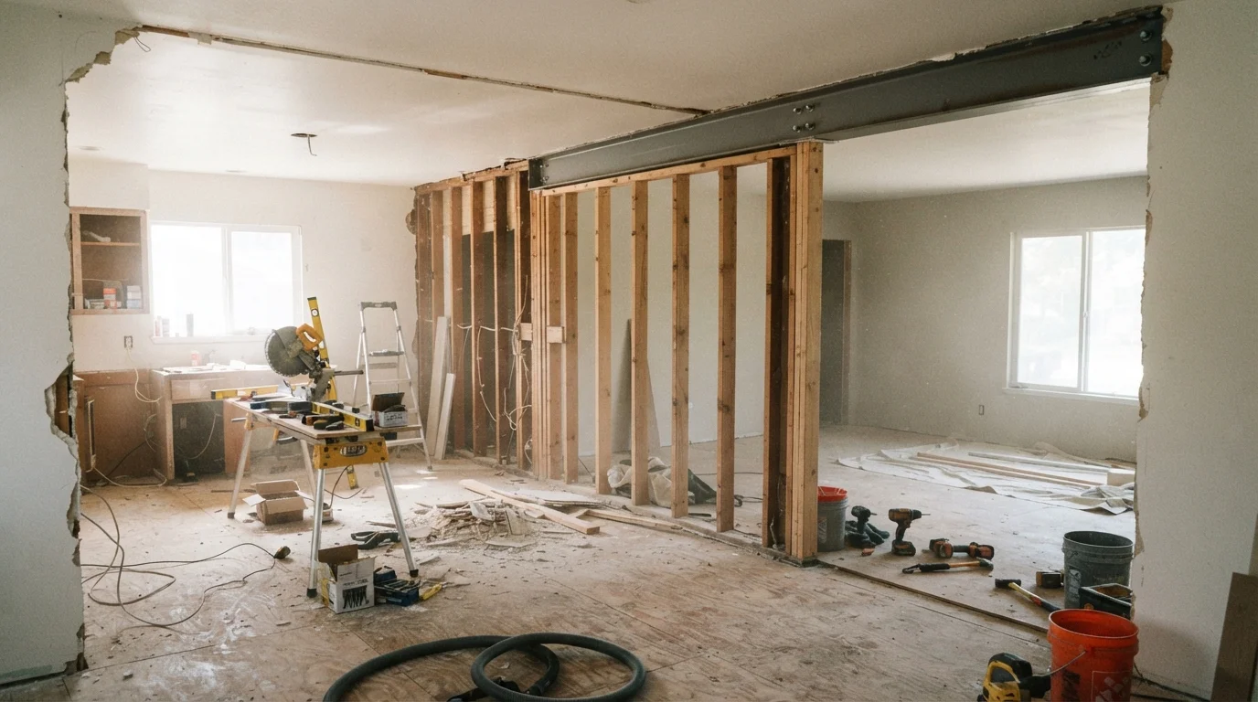 Interior of a home mid-renovation with a partially removed wall revealing load-bearing studs and a steel beam