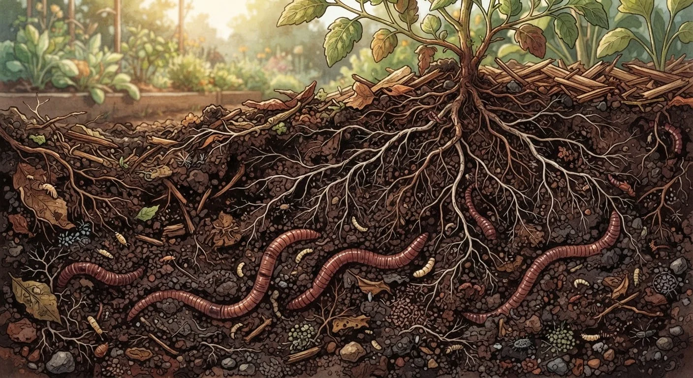 Cross-section of garden soil showing root systems, earthworms, and organic matter layers