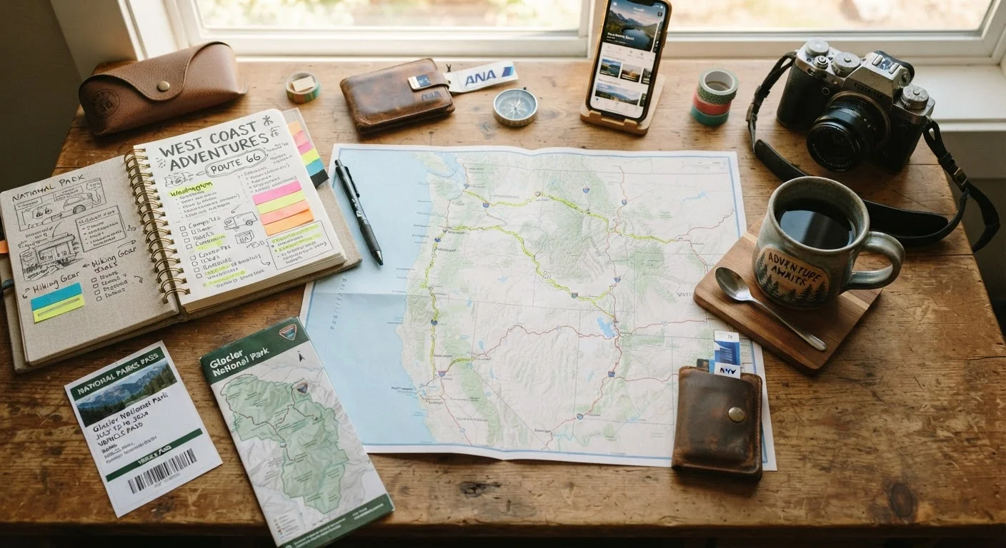 Travel planning materials spread on a desk including maps, notebooks, and permit documents
