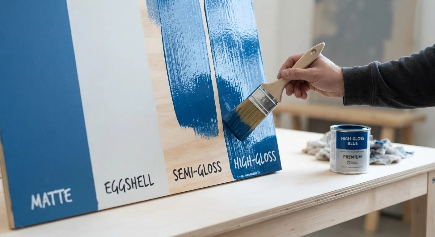 Paint brush applying various sheen finishes on a sample board from flat to glossy