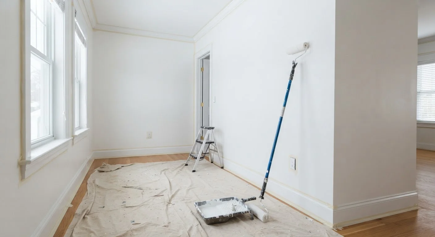Painter applying a smooth coat of white paint to an interior wall with a roller