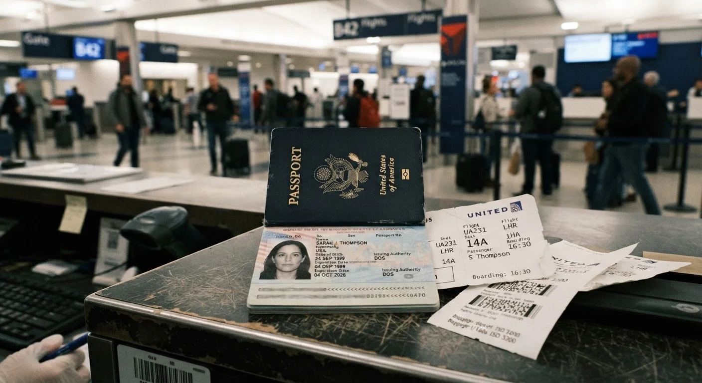 American passport on an airport check-in counter next to a boarding pass