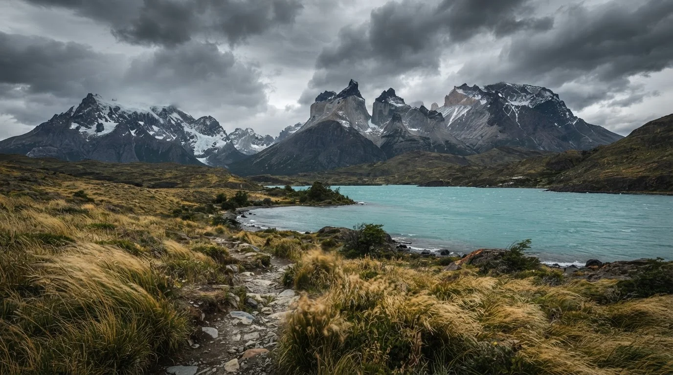 Jagged granite towers of Torres del Paine rising above a turquoise glacial lake in Patagonia