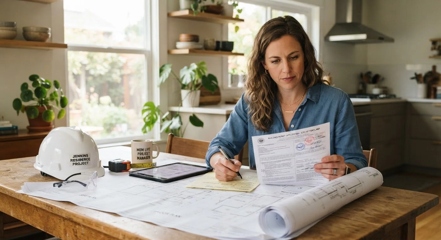 Homeowner reviewing building permit paperwork with blueprints spread on a kitchen table