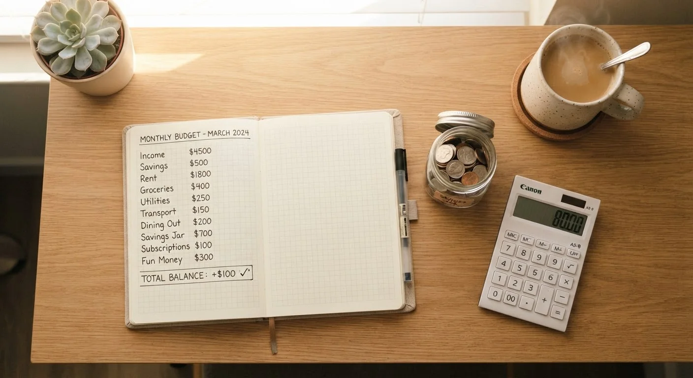 A notebook budget, glass jar of coins, and calculator on a tidy desk in warm natural light