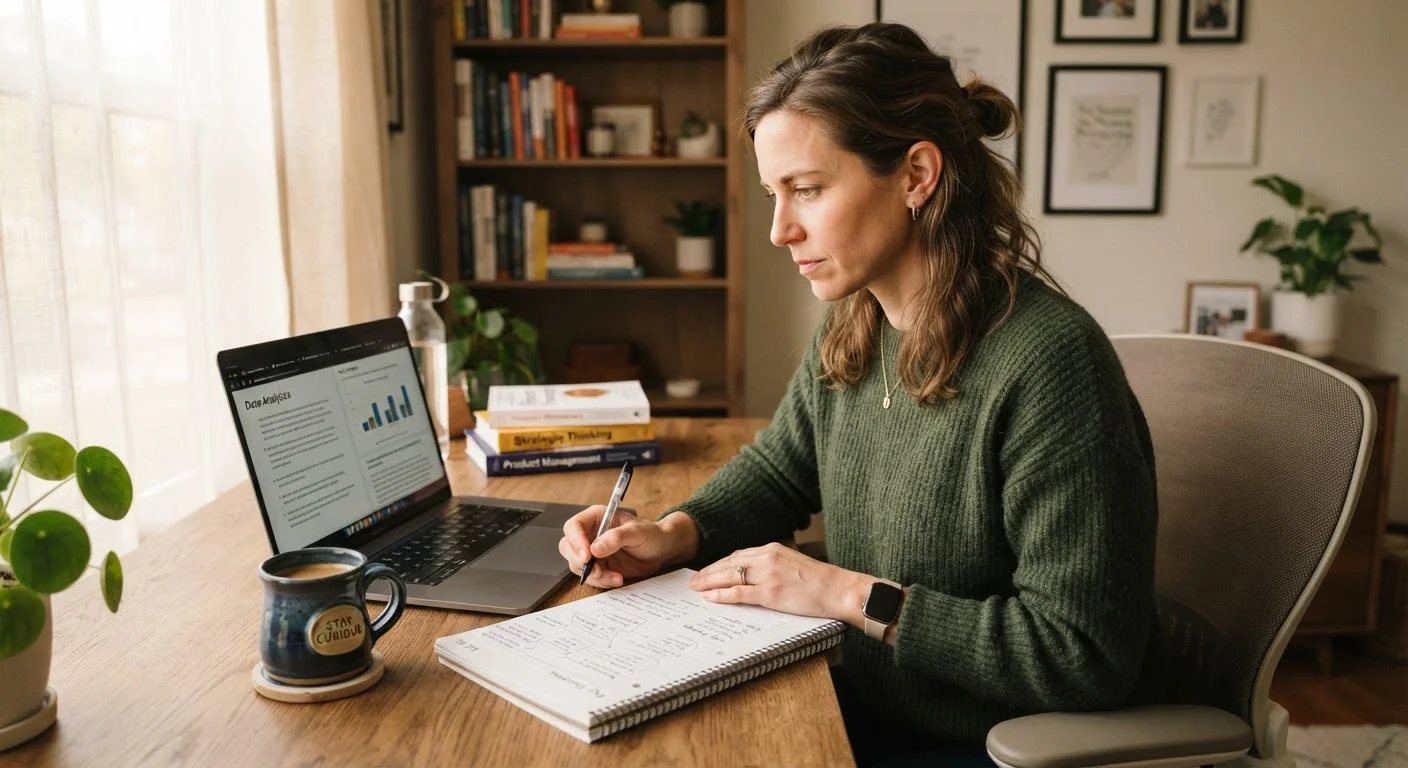 Adult working professional evaluating an online course on a laptop at a tidy desk