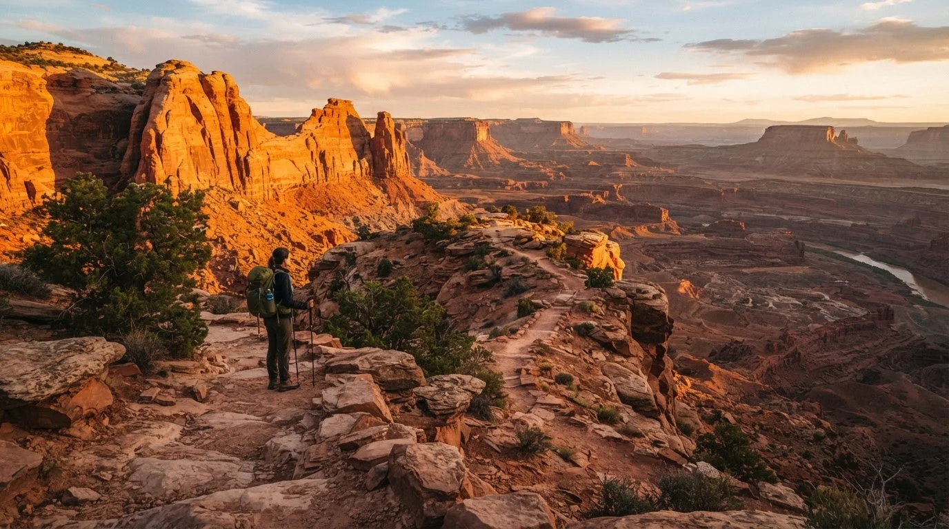 Solo hiker standing on a trail overlooking a sweeping red rock canyon at golden hour