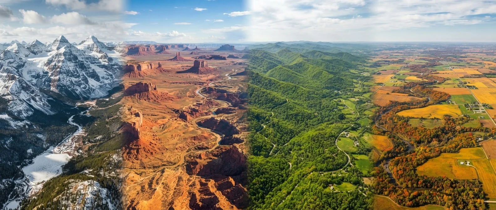 Composite aerial view of four distinct American regional landscapes across different seasons.