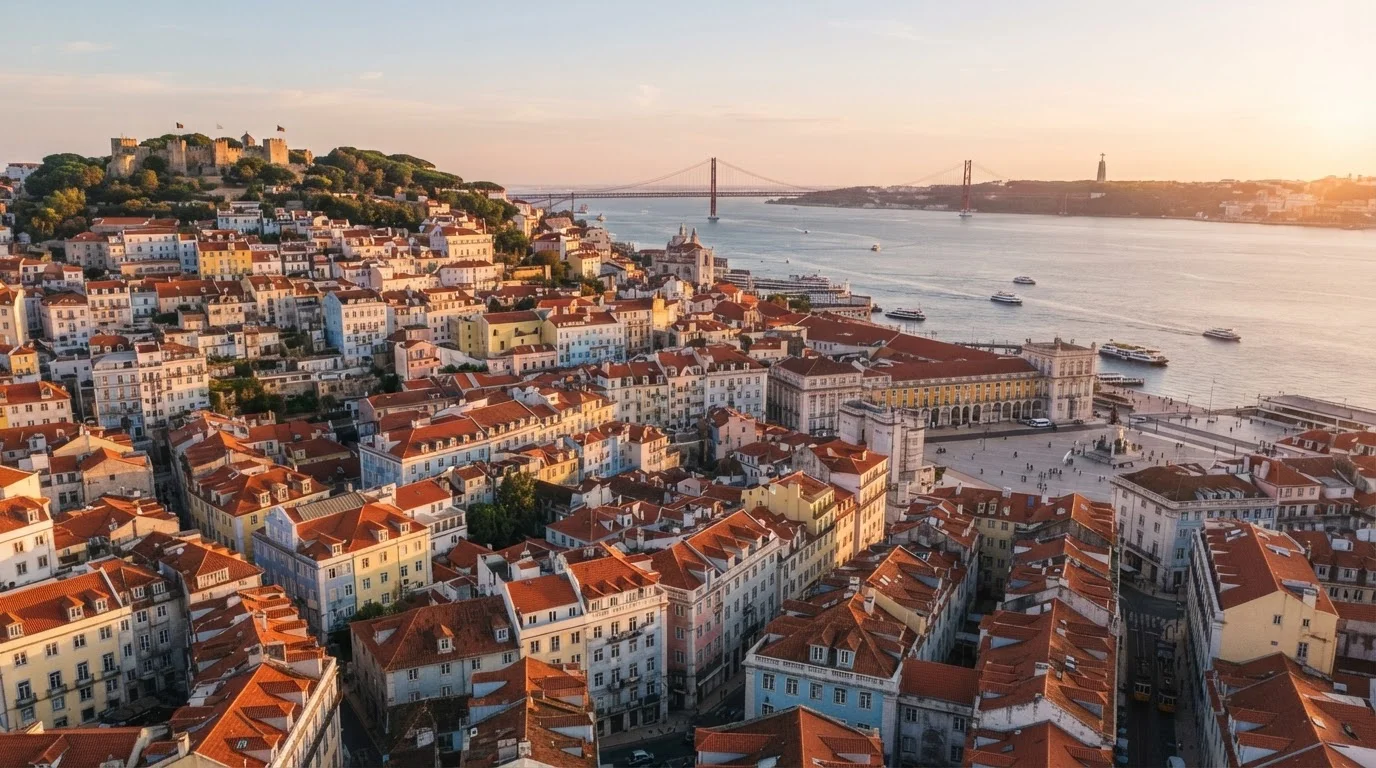 Aerial view of Lisbon's colorful hillside neighborhoods overlooking the Tagus River at sunset