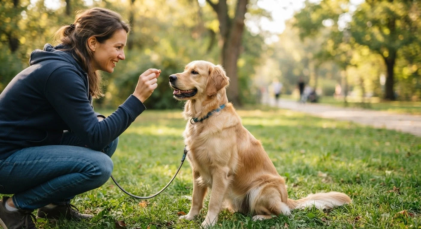 Dog sitting attentively and looking up at a trainer holding a treat reward