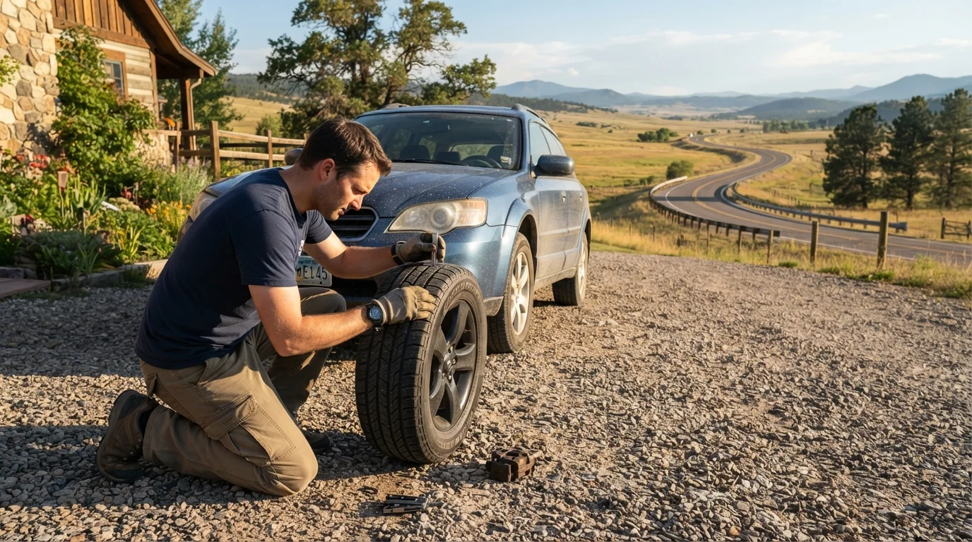 Person inspecting a car tire with a pressure gauge in a sunny driveway before a road trip.