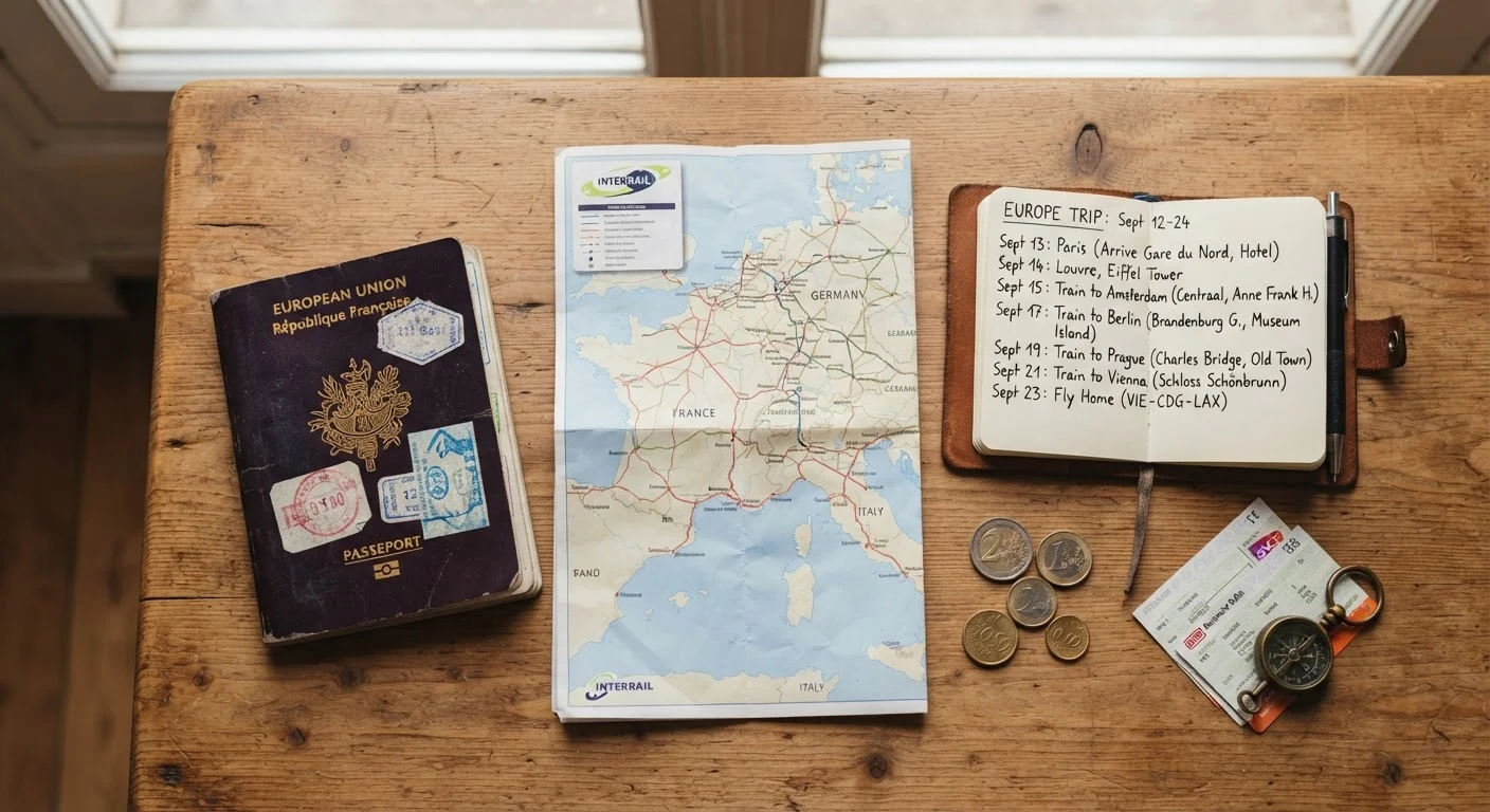 Passport, rail map, travel notebook, and euro coins arranged on a wooden table for trip planning