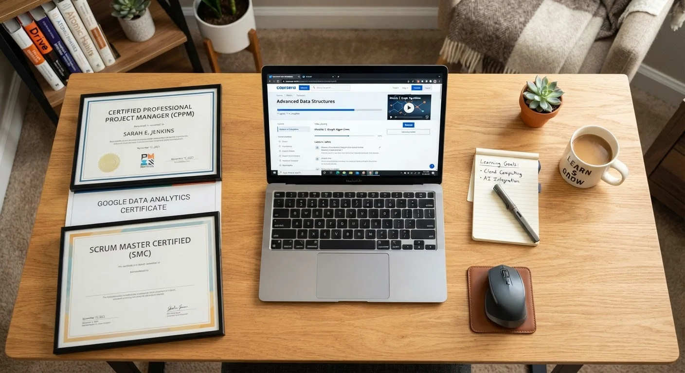 Professional certification documents stacked beside a laptop showing an online learning dashboard.